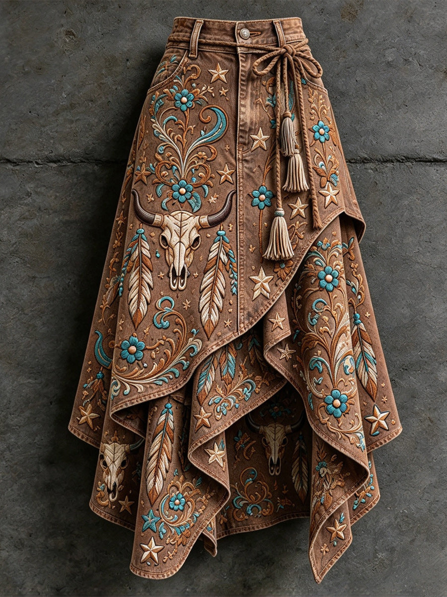 Women's Retro Style Art Print Irregularly Layered Stitched Skirt